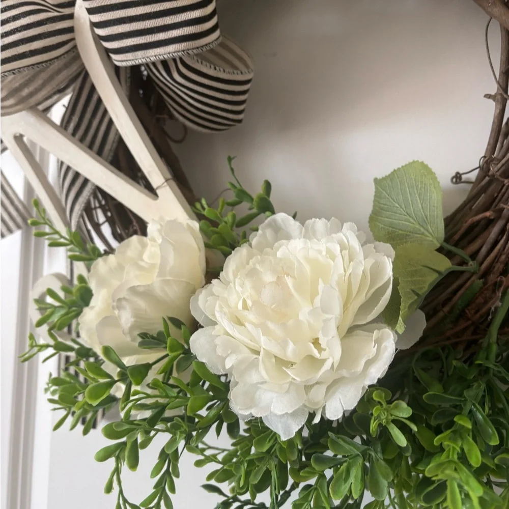 White Peony & Grapevine Wreath Greenery w/ Black Striped Burlap Bow Final Sale